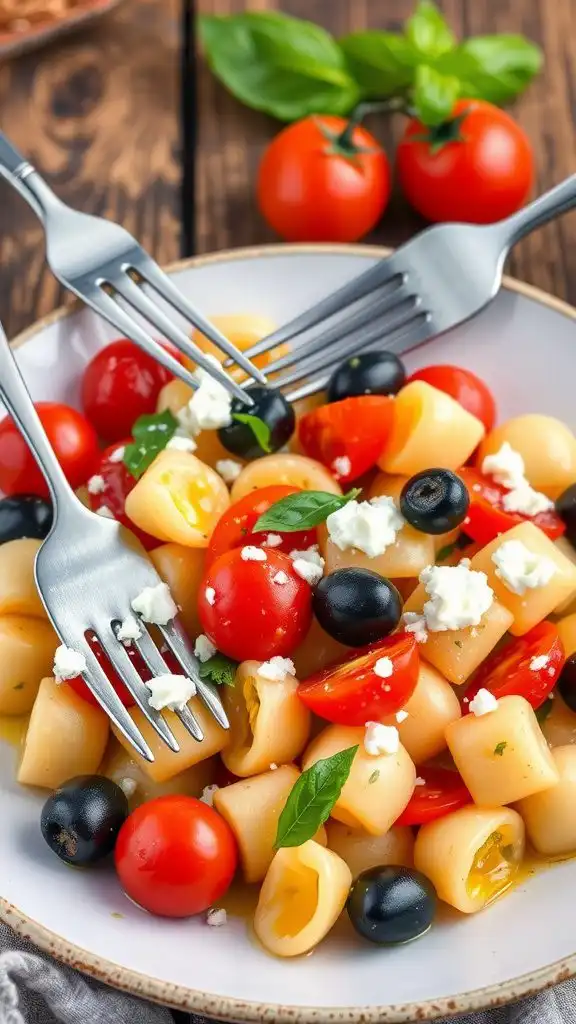 a colorful plate of mediterranean gnocchi with cherry tomatoes, olives, and basil topped with feta on a rustic table.