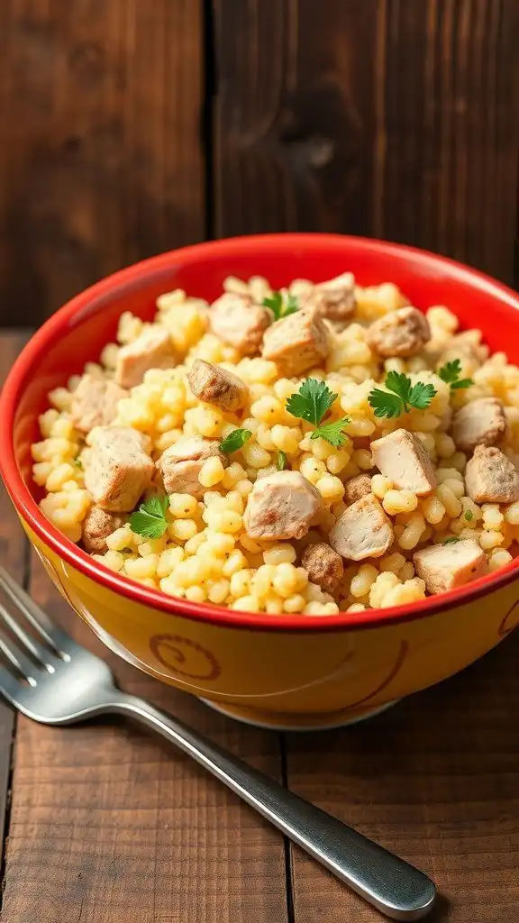 a colorful bowl of turkey couscous with fresh parsley, served on a rustic wooden table.