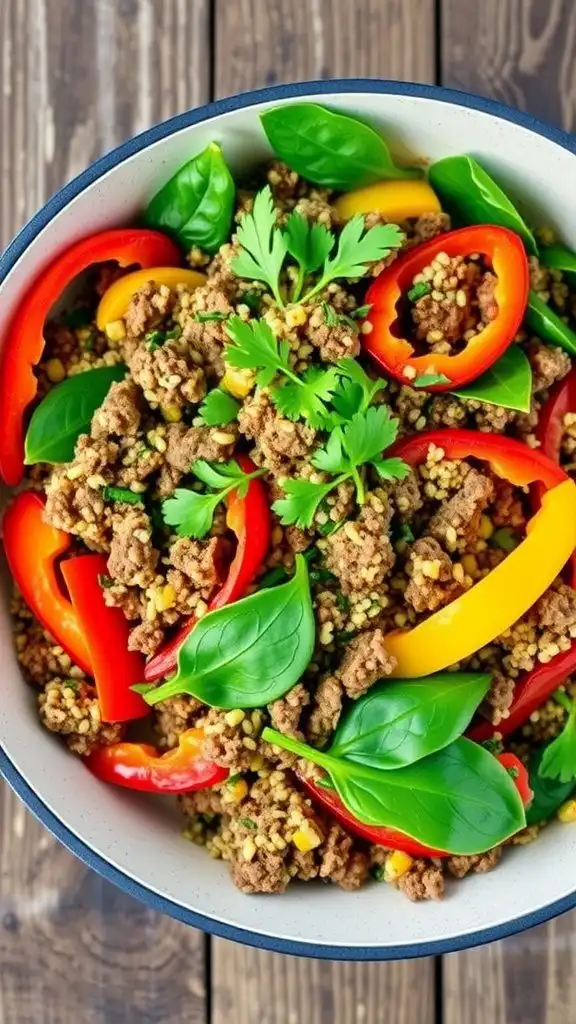 a healthy ground beef and quinoa skillet with bell peppers and spinach, garnished with parsley.
