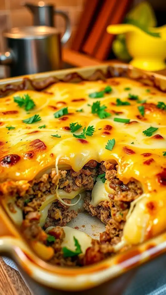 a hearty ground beef and potato casserole with layers of beef and cheese, garnished with parsley, in a rustic dish.