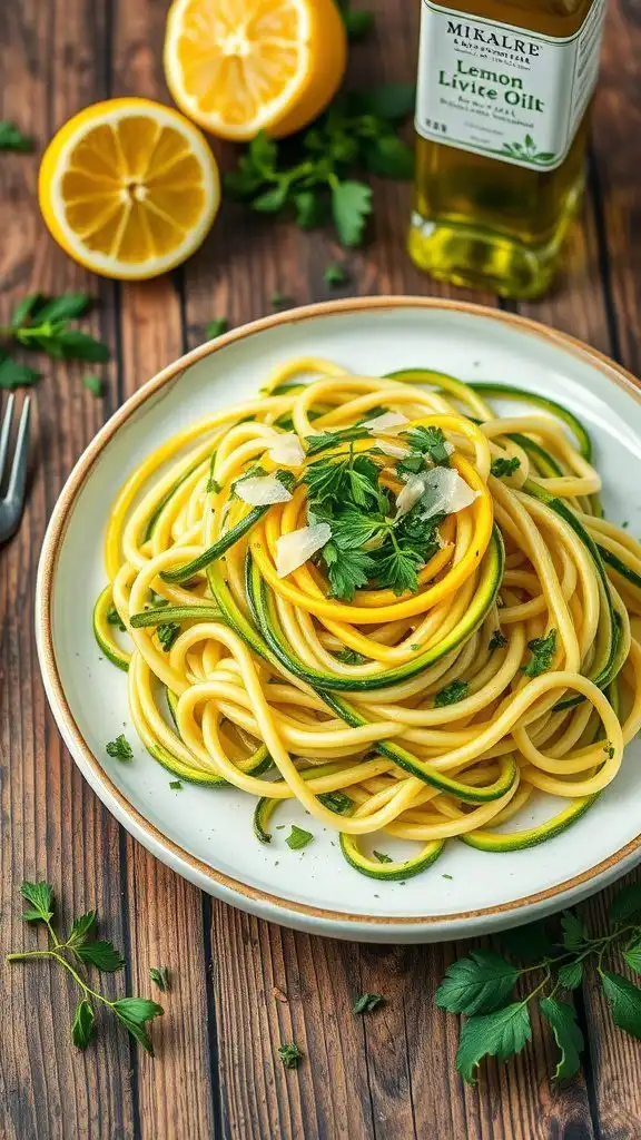 zucchini noodles with lemon olive oil, garnished with herbs and parmesan cheese on a wooden table.
