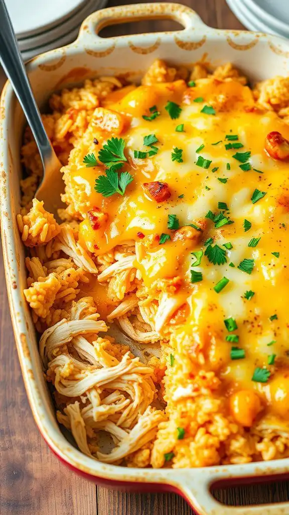 savory rotisserie chicken and rice casserole topped with cheese and parsley in a rustic baking dish.