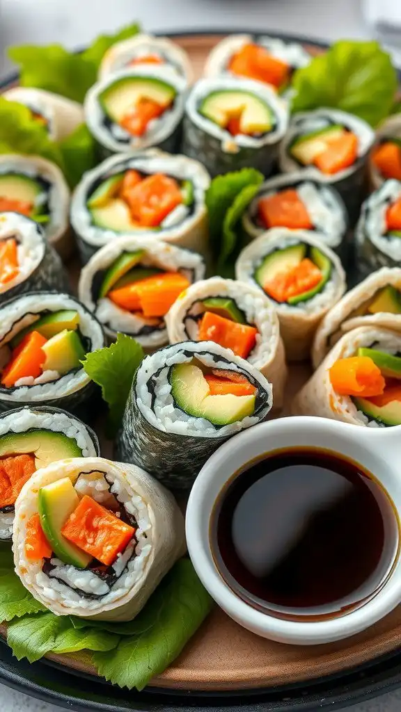 sushi tortilla rolls filled with avocado, cucumber, and carrot, served with soy sauce.
