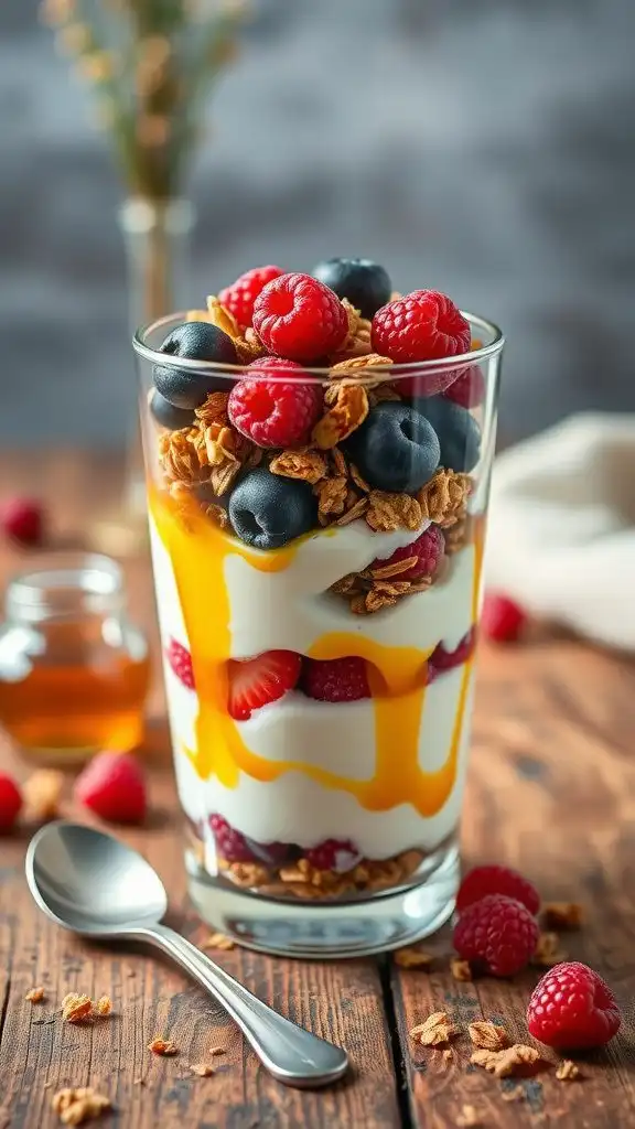 a layered greek yogurt parfait with honey, granola, and berries in a clear glass on a wooden table.
