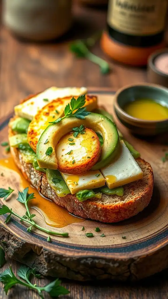 open rye sandwich with grilled halloumi and avocado, drizzled with olive oil, on a wooden board.