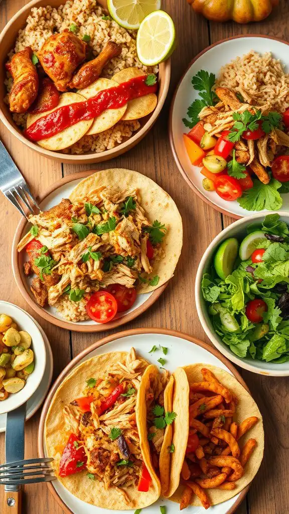 a colorful dinner spread with barbecue chicken bowl, tacos with rotisserie chicken, and a fresh salad.