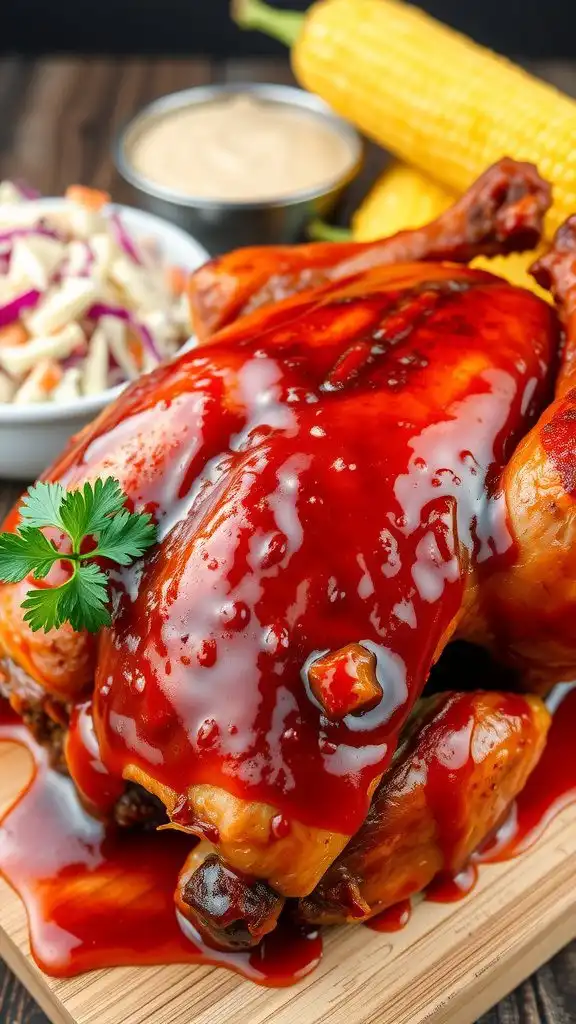 bbq rotisserie chicken with parsley, served with coleslaw and corn on the cob.