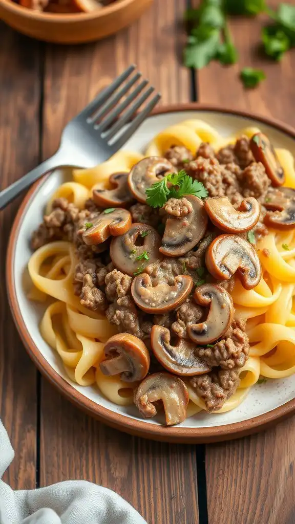a bowl of creamy ground beef stroganoff with mushrooms over egg noodles, garnished with parsley on a rustic wooden table.