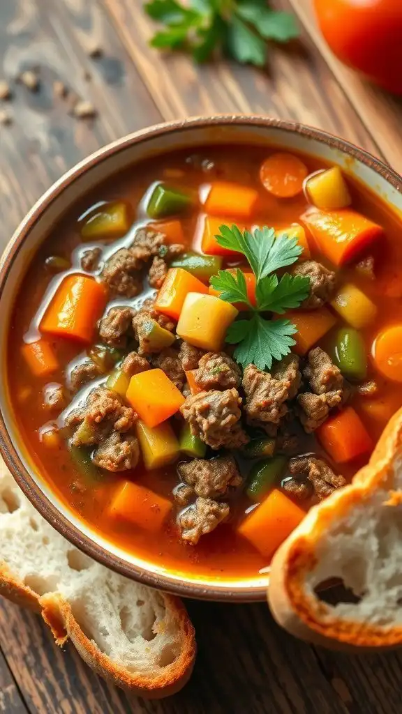 hearty ground beef vegetable soup with carrots, green beans, and bell peppers, served with crusty bread.