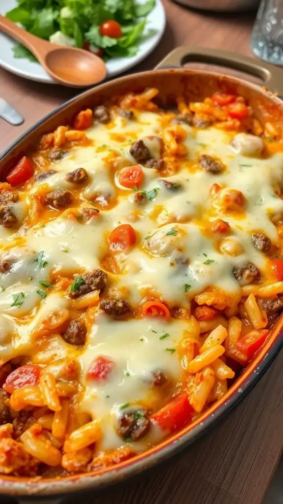 a cheesy ground beef and rice casserole with tomatoes, garnished with herbs, placed on a wooden table.