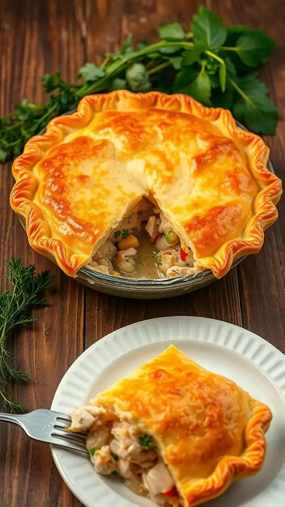 a golden rotisserie chicken pot pie with flaky crust and steam, surrounded by fresh herbs, on a rustic wooden table.