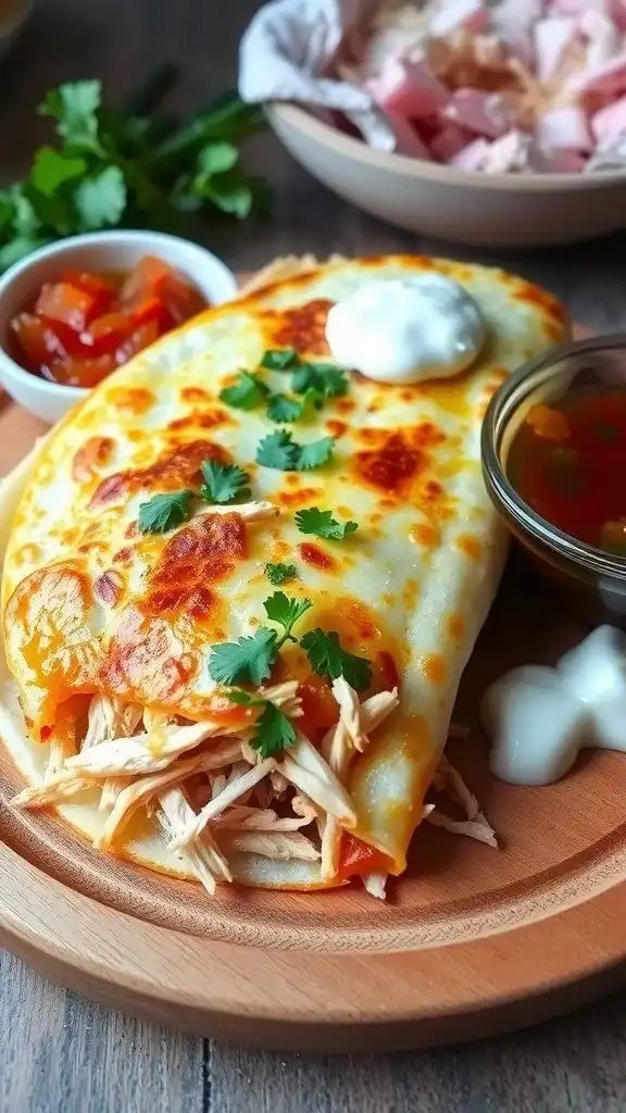 cheesy rotisserie chicken quesadilla cut into wedges on a wooden plate, served with salsa and sour cream.
