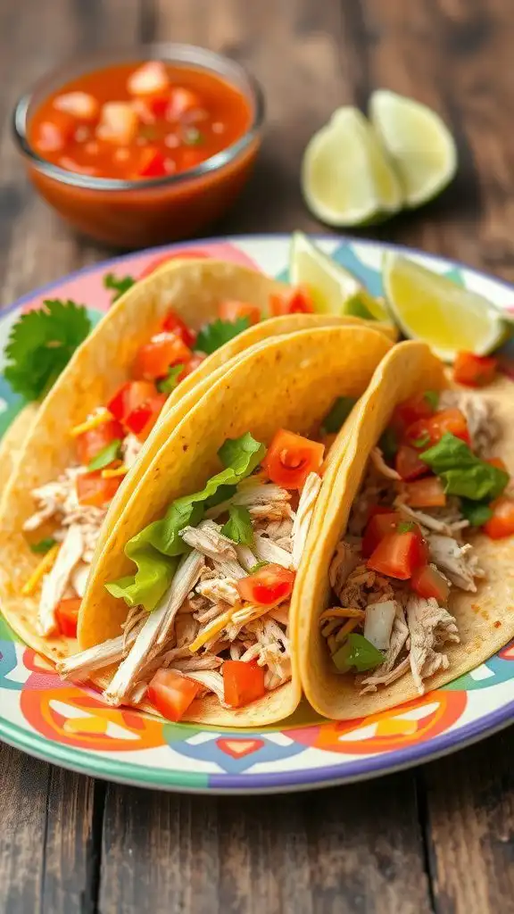 a plate of rotisserie chicken tacos topped with lettuce, tomatoes, and cheese, with salsa and lime wedges on the side.