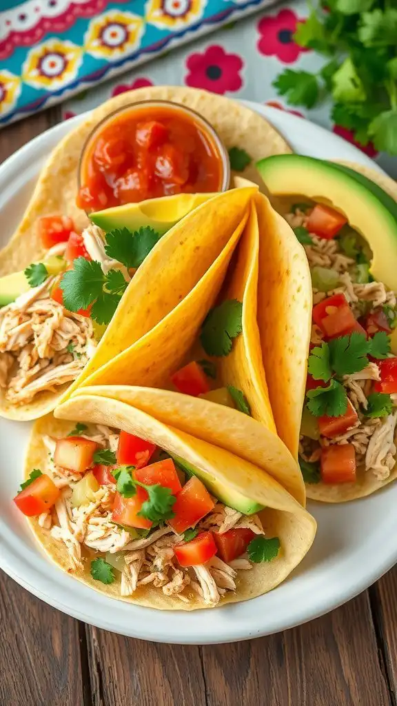 rotisserie chicken tacos with lettuce, tomatoes, avocado, and salsa on a plate.