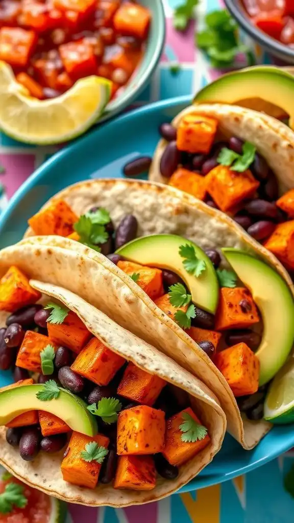 plate of sweet potato and black bean tacos, topped with avocado and cilantro, served with salsa.