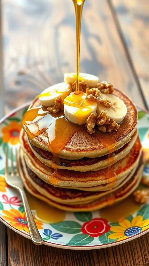 fluffy vegan banana pancakes with syrup and bananas on a rustic wooden table.