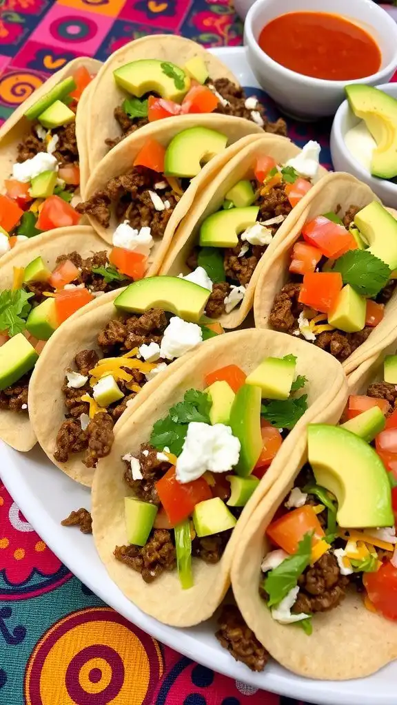 a platter of ground beef tacos topped with lettuce, tomatoes, cheese, and avocado, served with salsa and sour cream.
