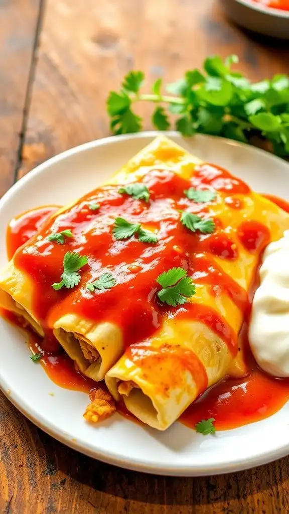 cheesy enchiladas filled with rotisserie chicken, topped with red sauce and cheese, garnished with cilantro on a wooden table.