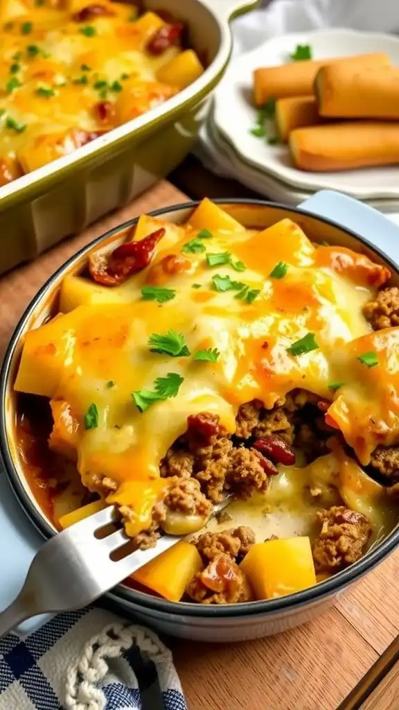 a hearty ground beef and potato casserole topped with melted cheese and parsley, served in a rustic dish.