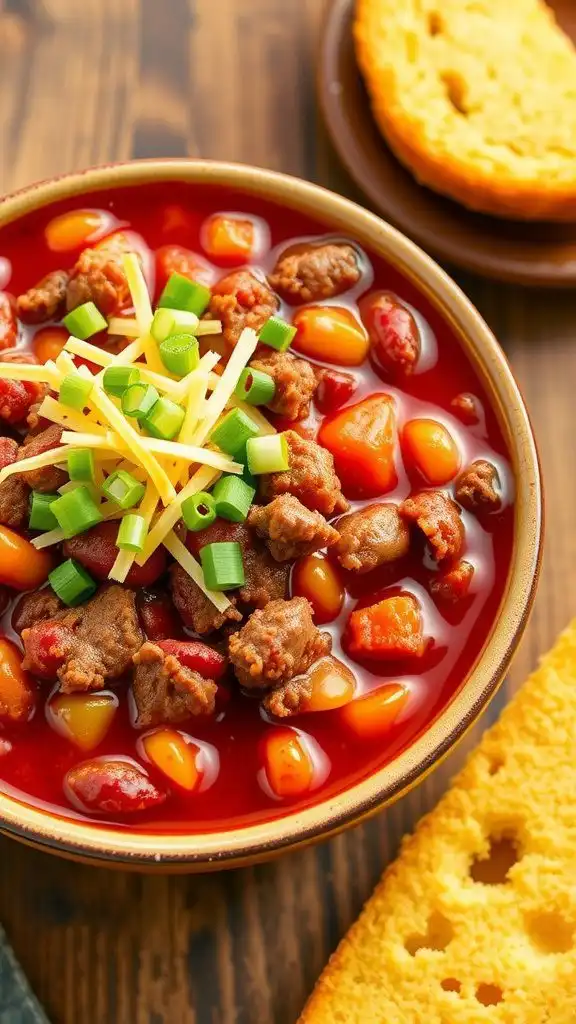 a bowl of ground beef chili with cheese and green onions on a rustic table with cornbread.