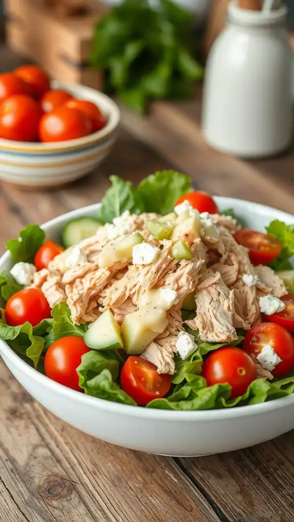 a colorful bowl of rotisserie chicken salad with greens, tomatoes, cucumbers, and feta cheese on a rustic table.