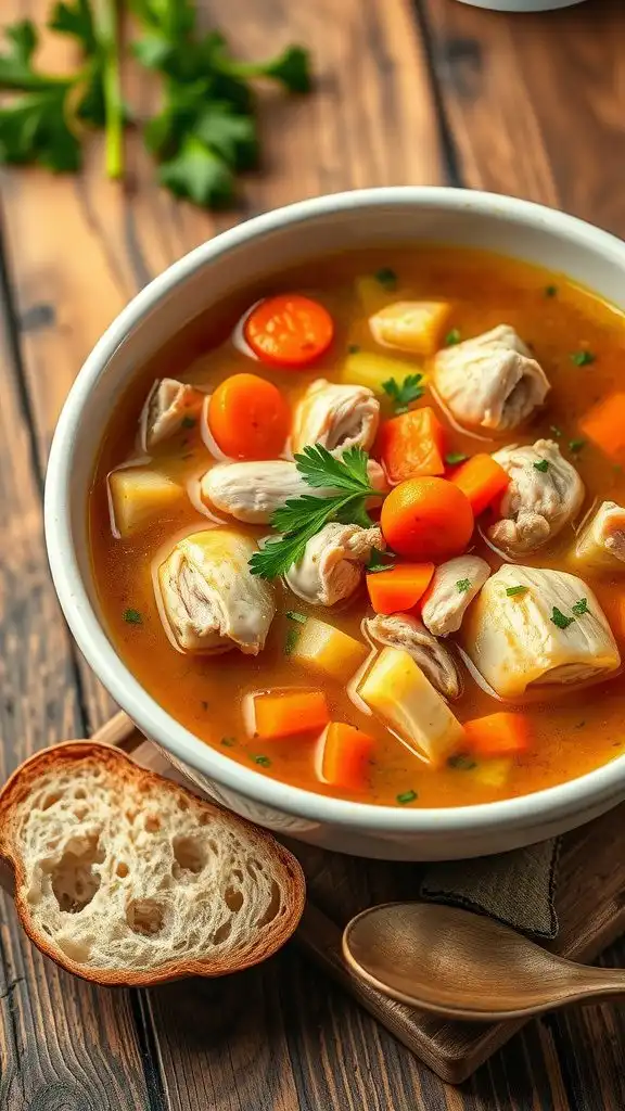 a comforting bowl of rotisserie chicken soup with vegetables and herbs, garnished with parsley on a wooden table.