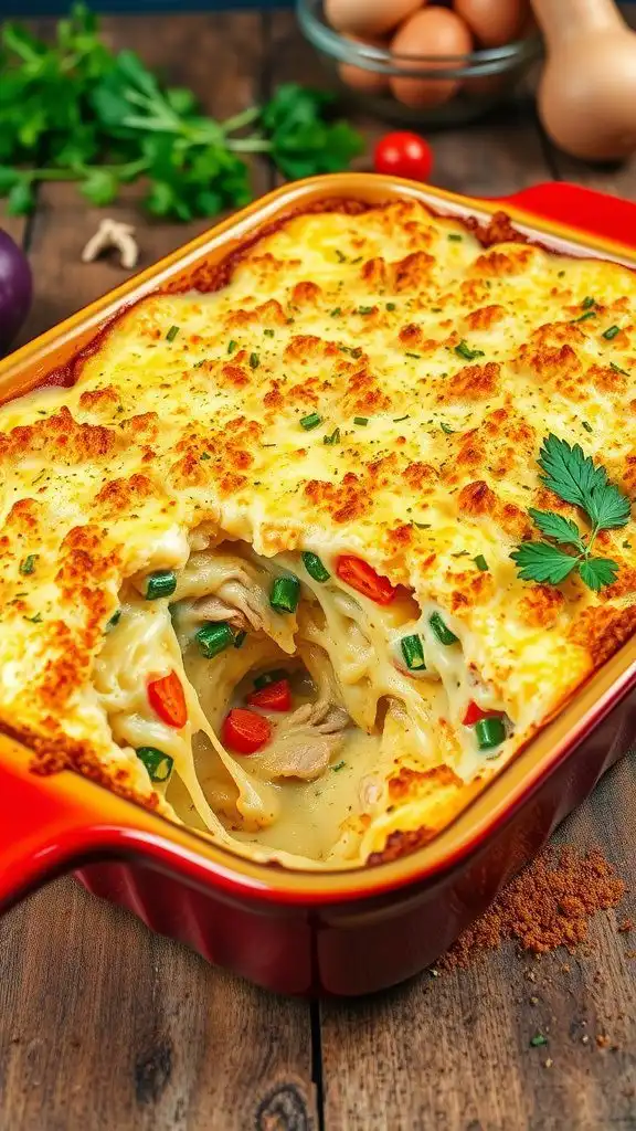 cheesy rotisserie chicken casserole with breadcrumbs and vegetables in a ceramic dish, served on a wooden table.