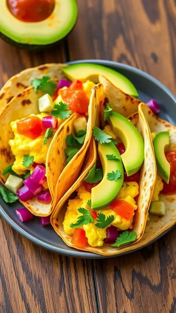 plate of spiced egg tacos with scrambled eggs, avocado, cilantro, and salsa on a wooden table.