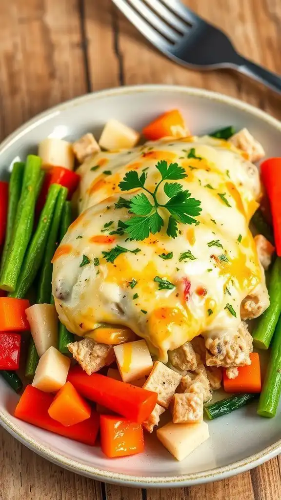 creamy rotisserie chicken casserole with melted cheese and parsley, served with low carb vegetables.