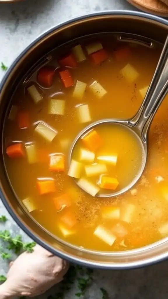 a pot of homemade chicken broth with vegetables, ready to be served, surrounded by fresh herbs.