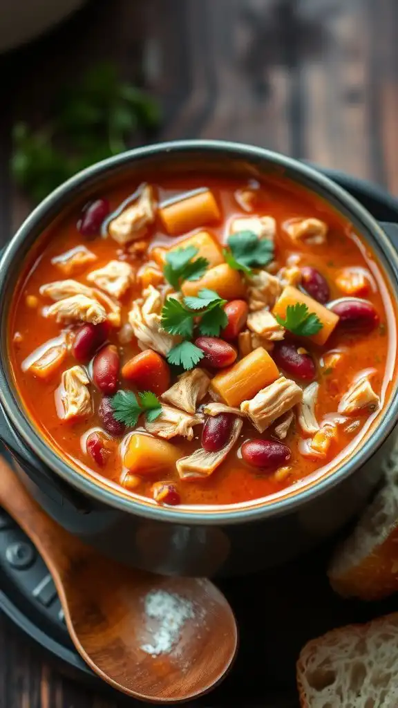 a hearty bowl of rotisserie chicken chili with beans and cilantro, served with crusty bread.