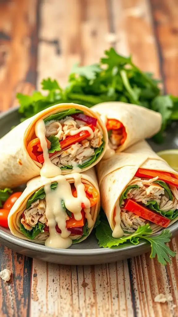 rotisserie chicken wraps filled with shredded chicken, lettuce, and tomatoes, served on a plate with fresh greens.