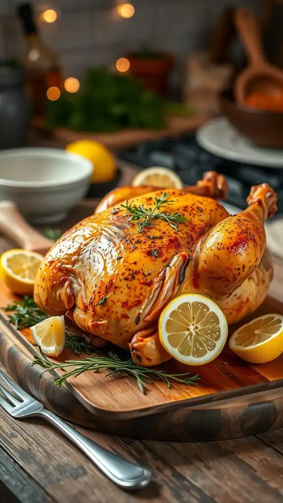 a golden brown rotisserie chicken garnished with herbs and lemon wedges on a wooden board.
