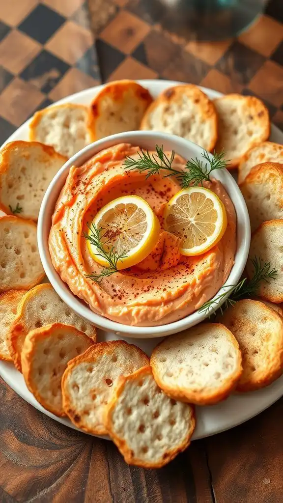 quick smoked salmon paté with crackers and lemon on a rustic table.