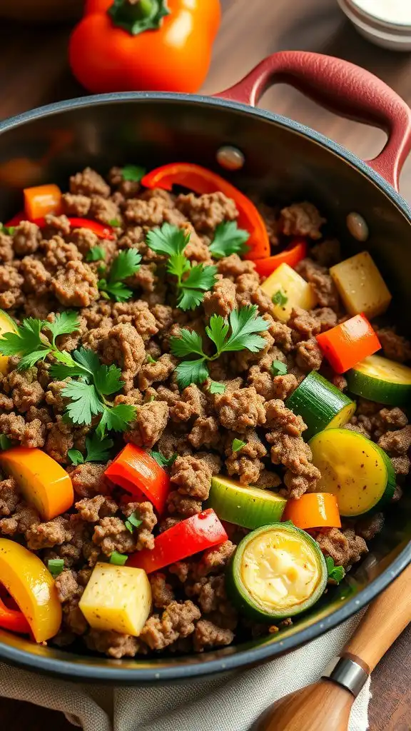 a delicious ground beef and vegetable skillet dinner with colorful ingredients, garnished with parsley.