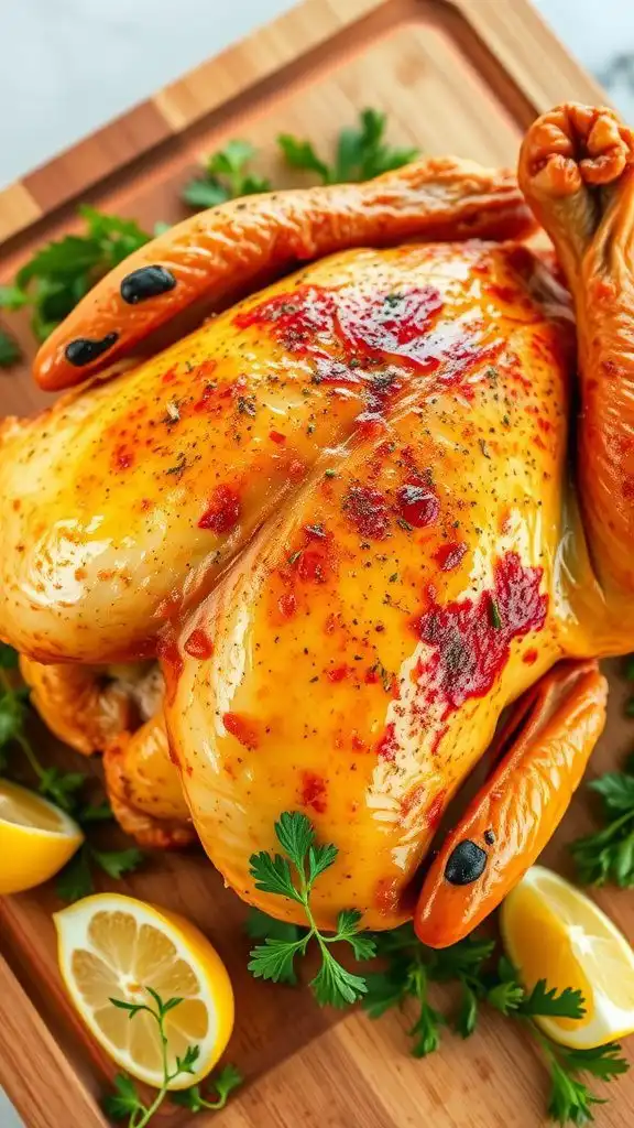a crispy air fryer rotisserie chicken on a wooden board, garnished with herbs and lemon.