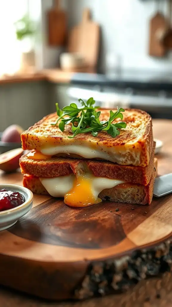 golden toasted sandwich with melted camembert cheese and arugula, served with fig jam on a rustic board.