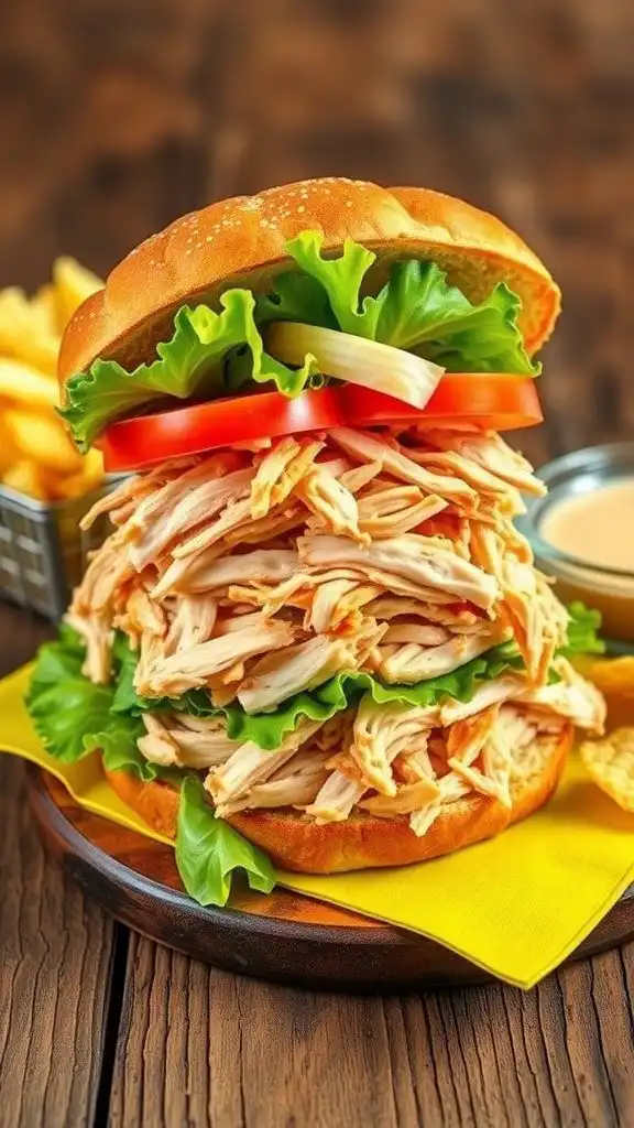 savory rotisserie chicken sandwich with lettuce and tomato on wooden table with chips.