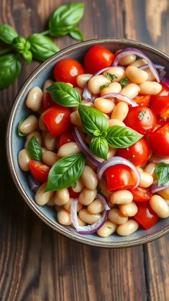 a colorful bowl of cannellini bean salad with cherry tomatoes, red onion, and basil on a wooden table.