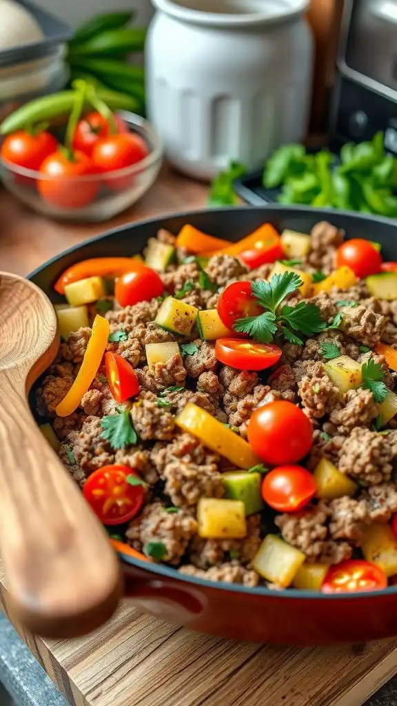a colorful ground beef and vegetable skillet, garnished with parsley, on a wooden table.