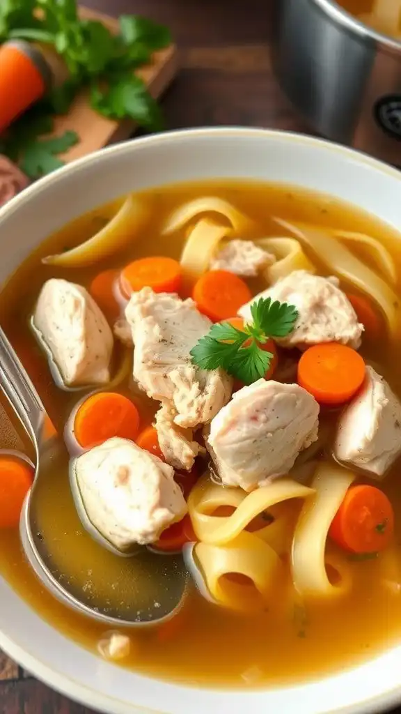a steaming bowl of rotisserie chicken noodle soup with chicken, carrots, and noodles, garnished with parsley, on a wooden table.