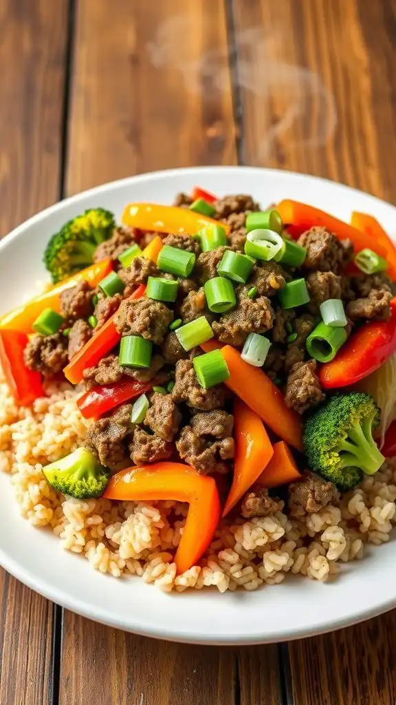 healthy ground beef stir fry with colorful vegetables served over brown rice, garnished with green onions.