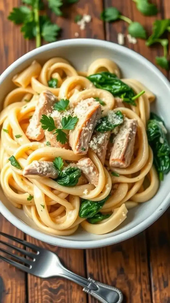 creamy rotisserie chicken pasta garnished with parsley and parmesan, served in a rustic bowl.