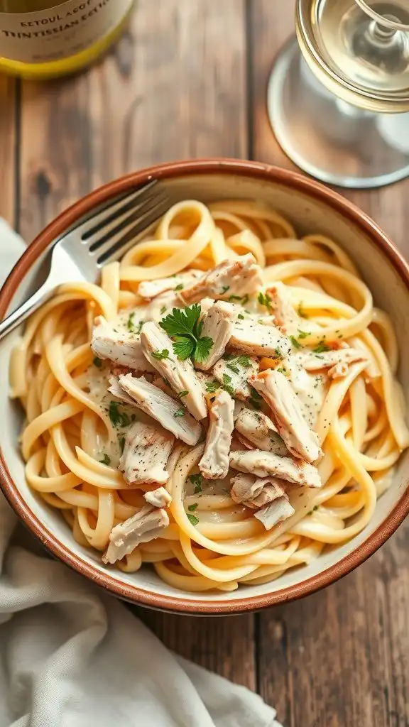 a delicious bowl of creamy chicken alfredo pasta with fettuccine, garnished with parsley on a rustic table.