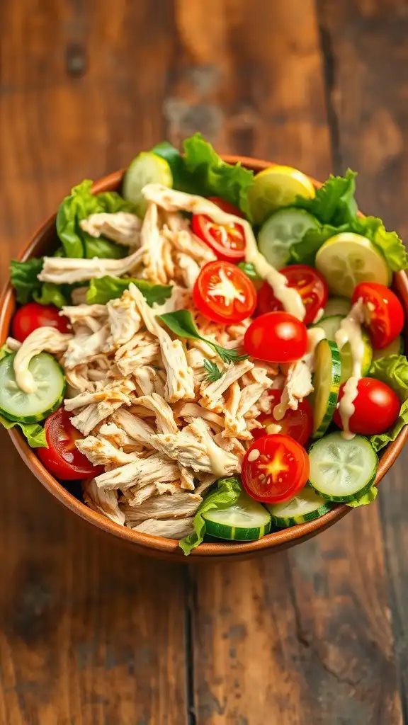 a colorful rotisserie chicken salad with mixed greens, tomatoes, cucumber, and a creamy dressing, garnished with herbs.