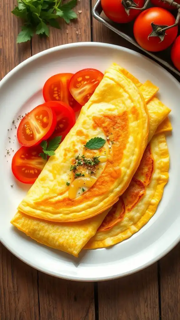 a golden classic french omelette garnished with herbs, served with tomatoes, on a rustic wooden table.