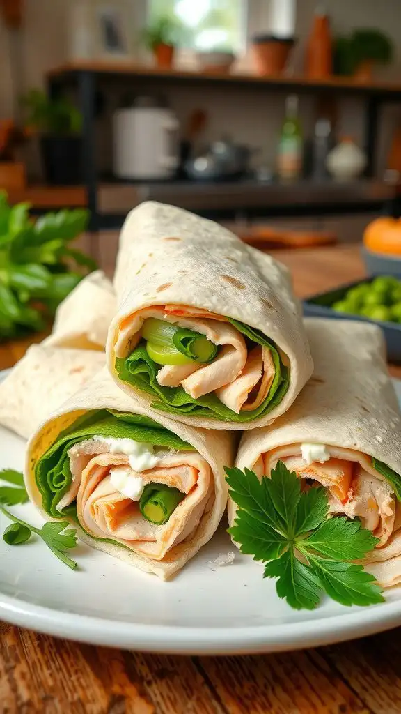turkey and spring onion wraps sliced in half, filled with turkey and spring onions on a rustic plate.