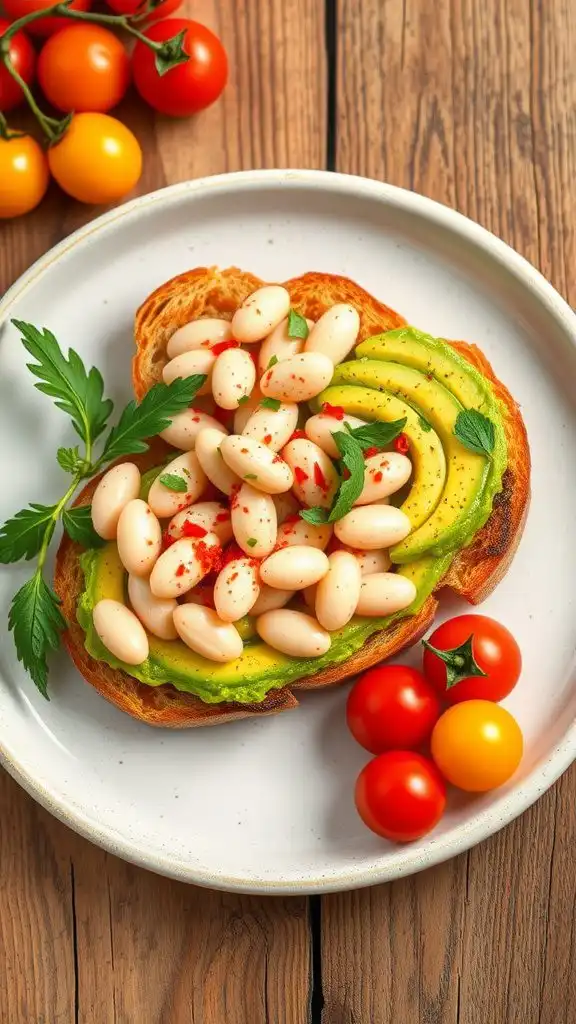 sliced avocado and white bean toast on whole grain bread, garnished with red pepper flakes and herbs, served with cherry tomatoes.