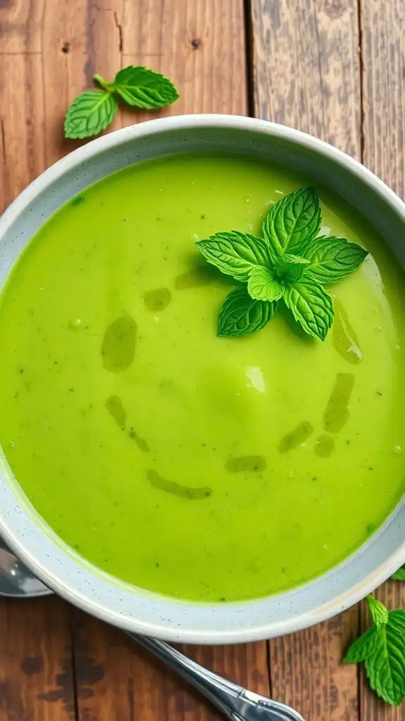 a bright green bowl of pea and mint soup garnished with mint leaves and olive oil on a wooden table.