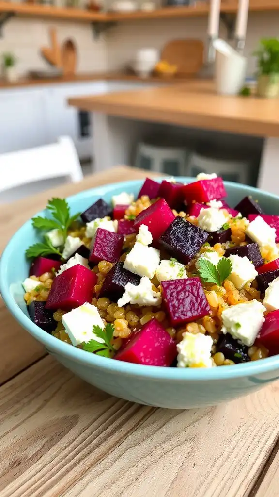a healthy beetroot, feta, and grain salad with parsley on rustic table.